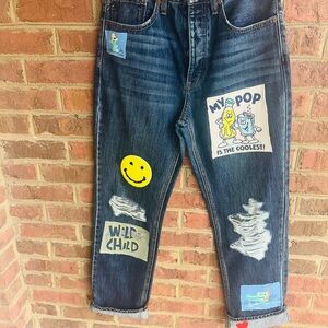 KanCan Women's Straight Leg Jeans with Patches - Dark Blue